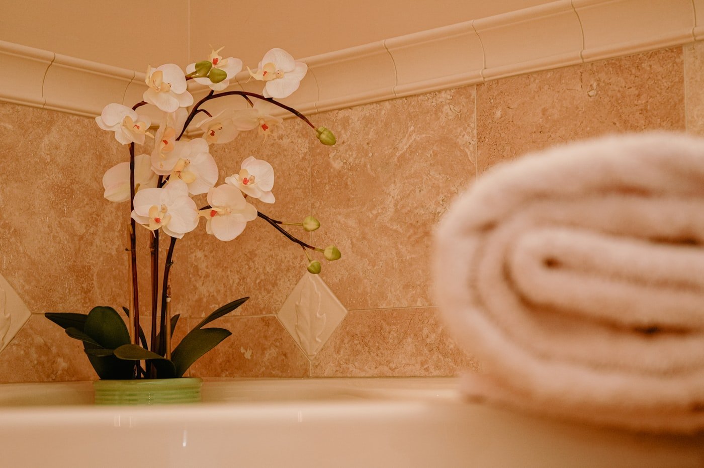 Folded towels and orchid stems